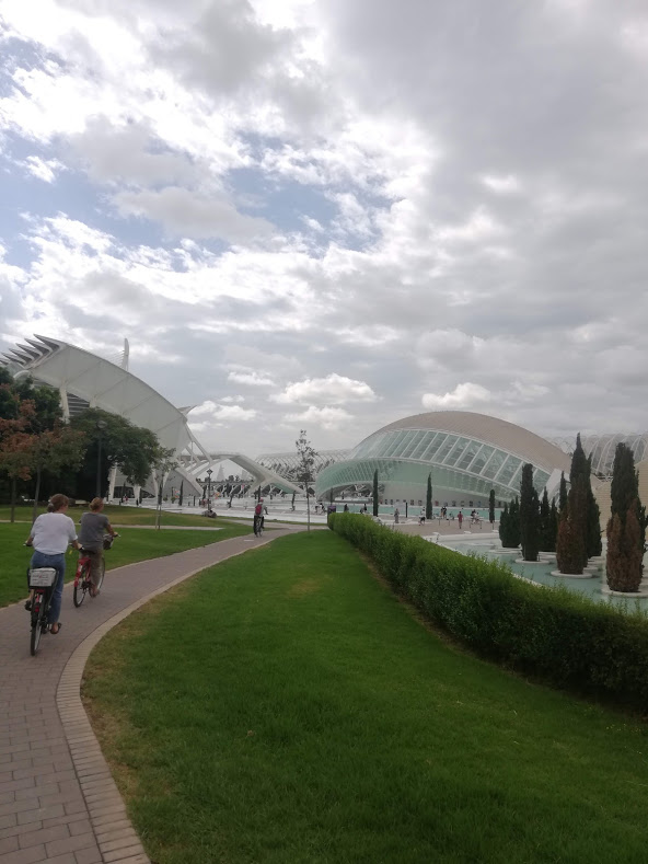 Arriving at the famous City of Arts and Sciences in Valencia, on our rented bikes 