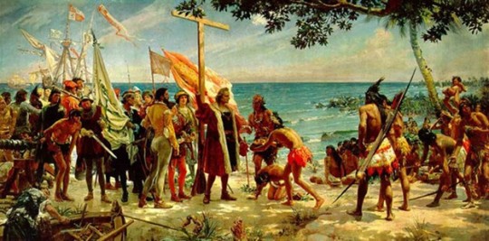 Painting of Columbus’ first encounter with the indigenous people of the Americas.