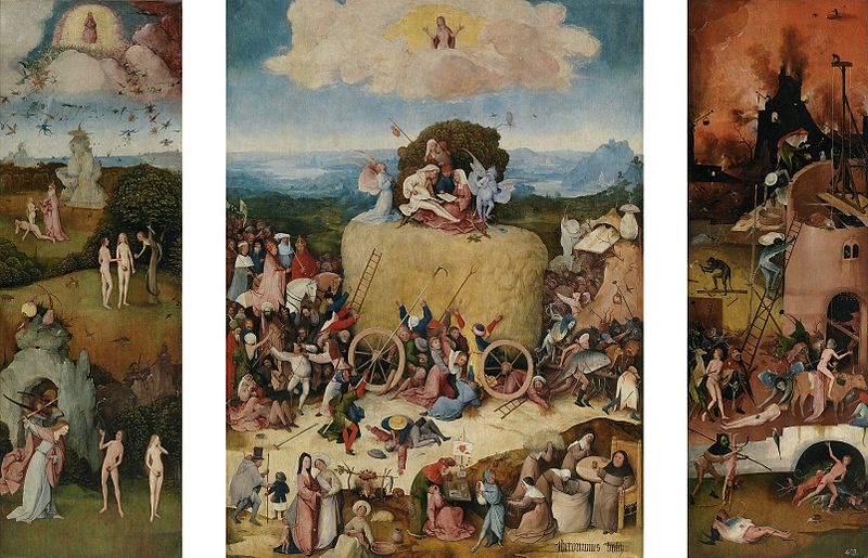 Painting, De Hooiwagen or The Hay Wain by Hieronymus Bosch, El Prado, Madrid. 