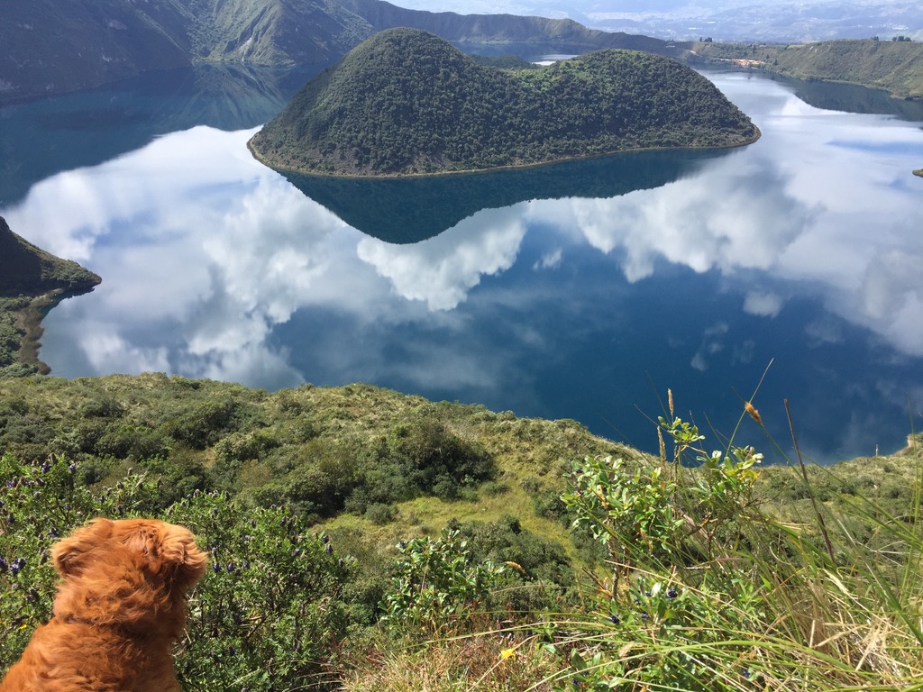 Making the round of the Cuicocha Crater lake, with my dog Loodje. Otavalo in the far distance. 
