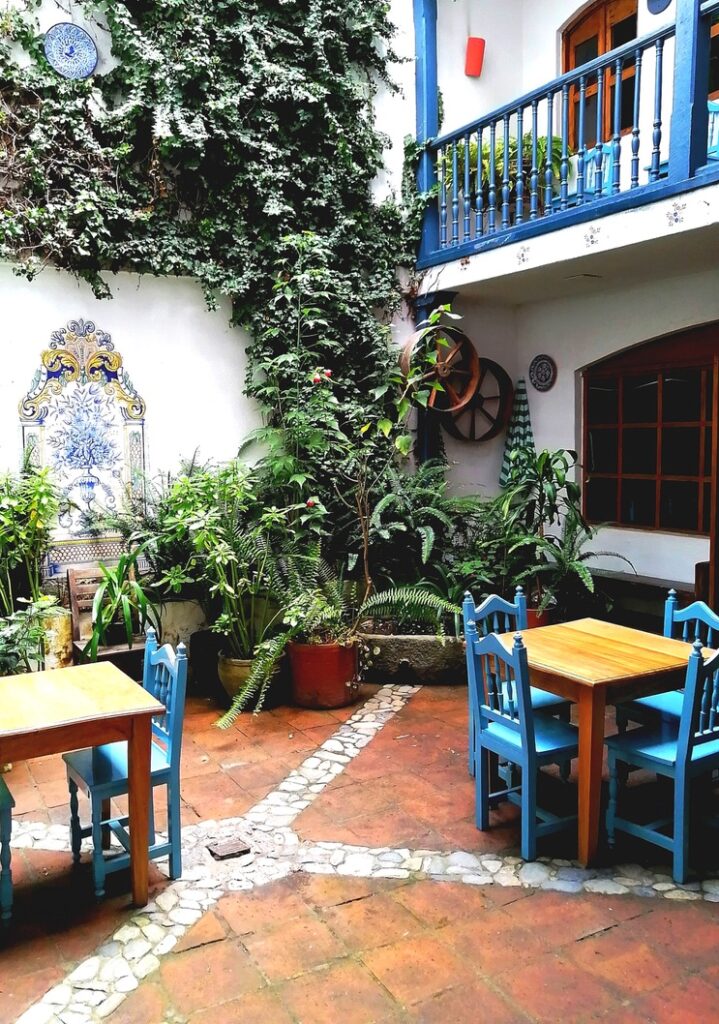 View of the inner courtyard of Hotel Doña Esther, Otavalo.