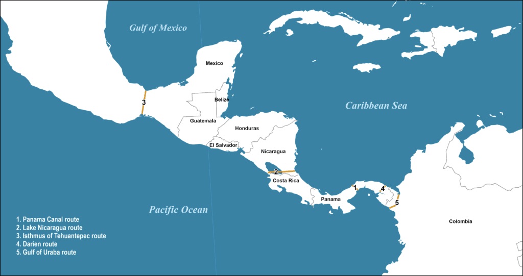Map of the central part of America with options that were considered for constructing a canal.