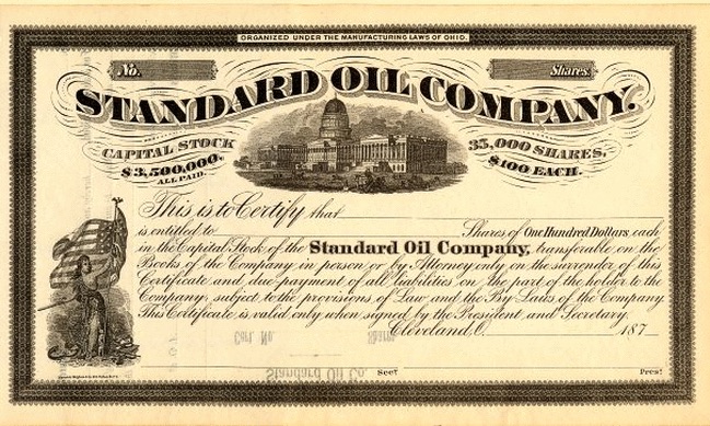 Stock certificate Standard Oil Co. Rockefeller Sr. always held the most.