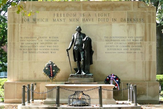 Monument to the unknown soldier, Washington Square, Philadelphia. Statue of George Washington, one of the main characters in Revolution Song, by Russell Shorto. 