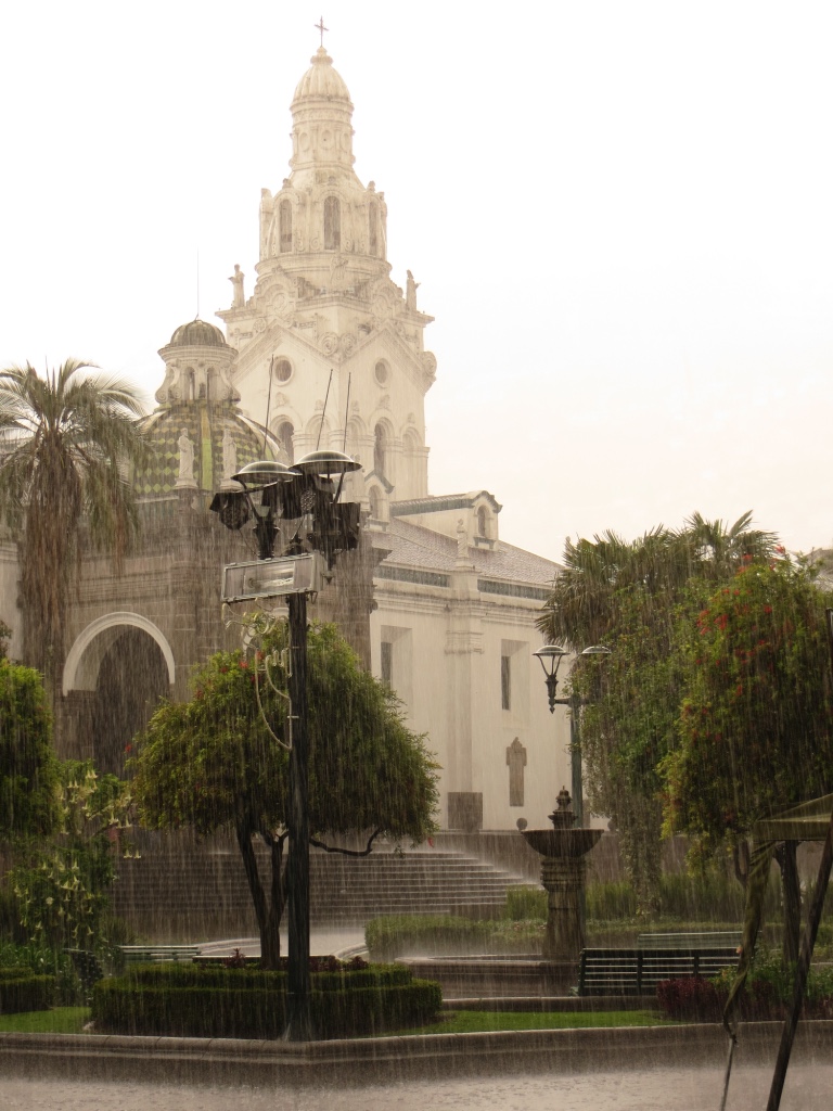 Plaza de Independencia and Catedral Metropolitana in the center of Quito, Ecuador... in the pouring rain.