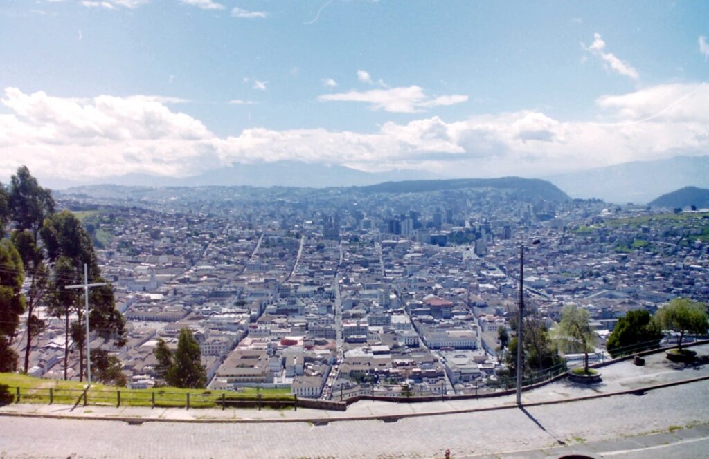 View northward of Quito. In the foreground Quito Colonial. In the background the more modern Northern part of the elongated city.