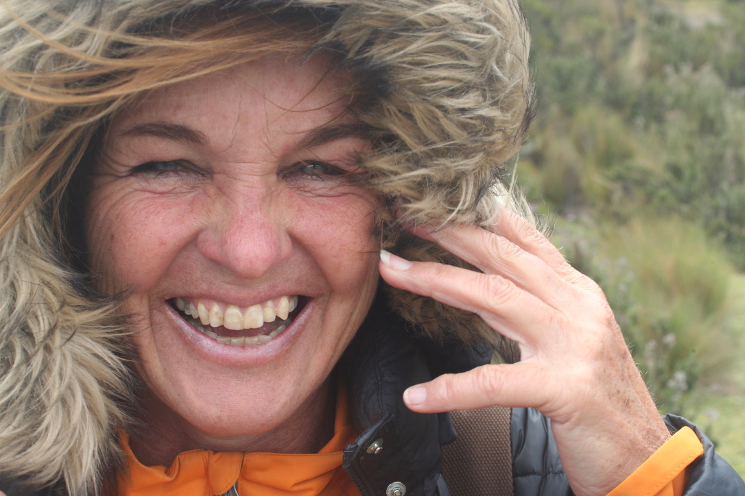 My wife Wendy enjoying the windy environment around Mt. Cotopaxi.