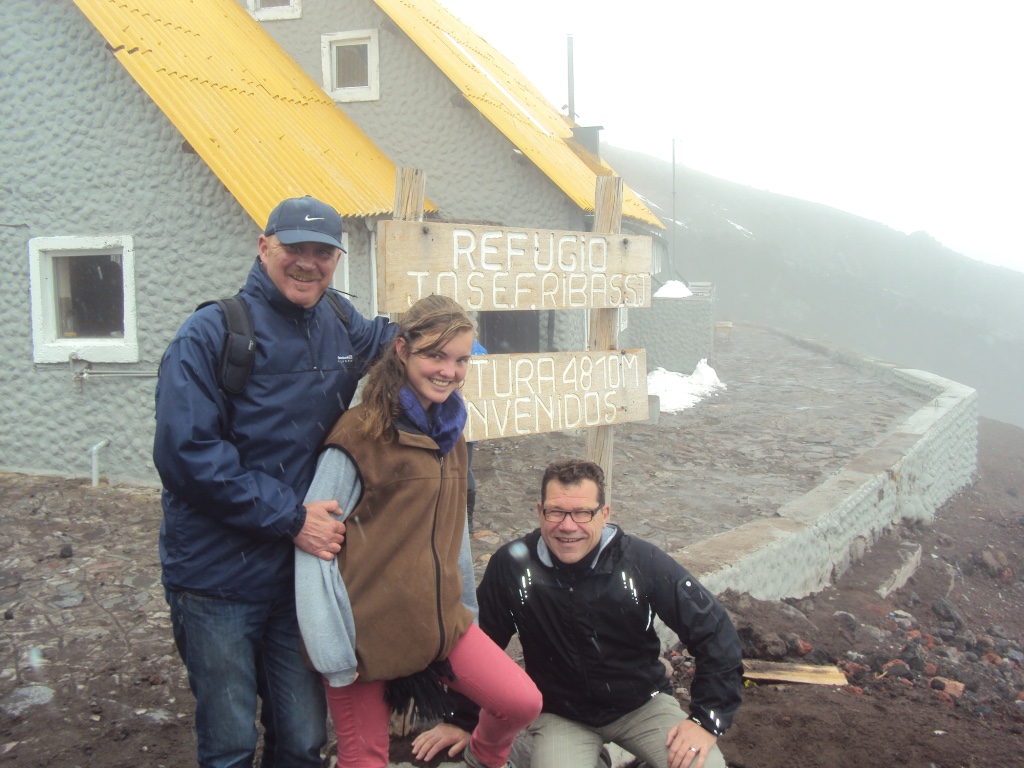 Me, my daughter and brother-in-law during a visit to Mt. Cotopaxi. Arriving at the Refugio José Rivas. 