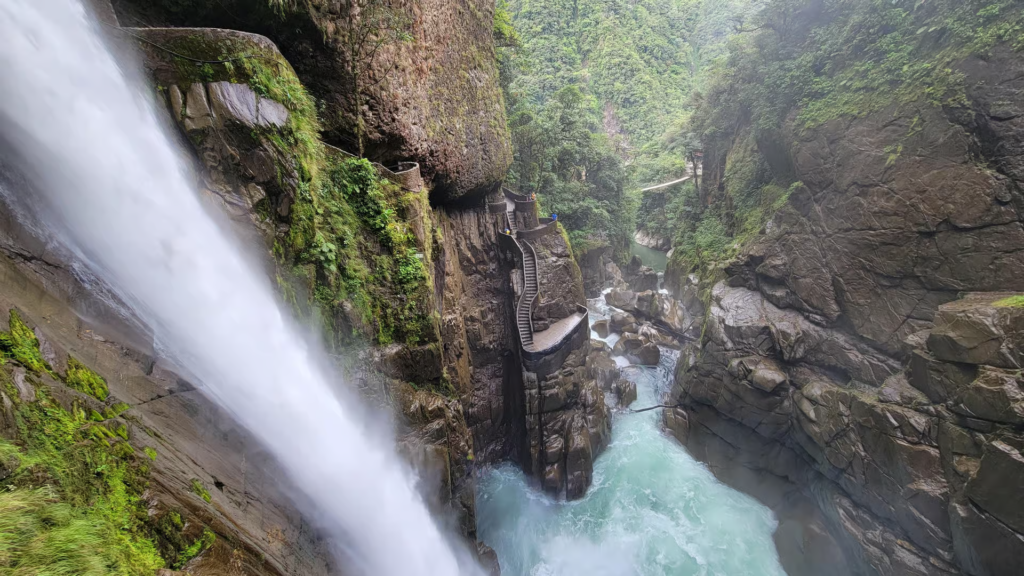 Bird-eye view of the "Pailón del Diablo" Waterfall near the city of Baños.