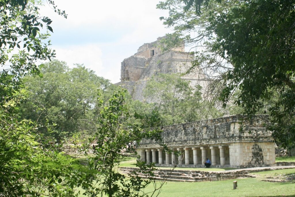 Visit to Uxmal, Yucatán. View of the Pyramid of the Magician from the central field.