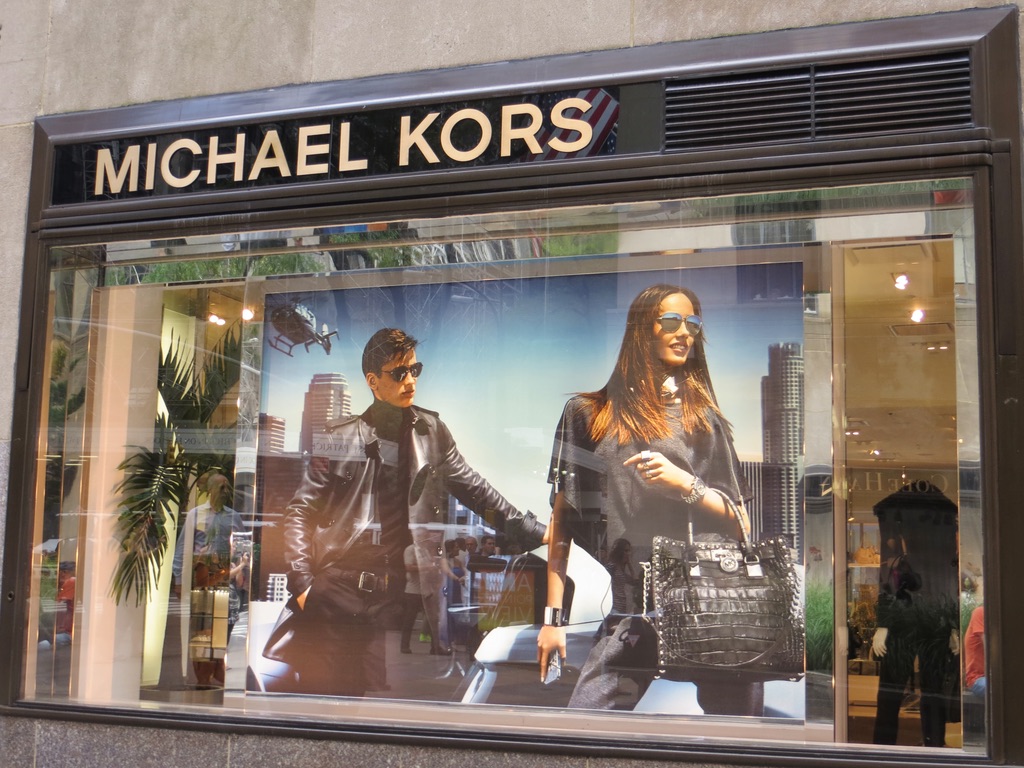 Rear view window, Michael Kors shop, near Rockefeller Center, Manhattan, New York.