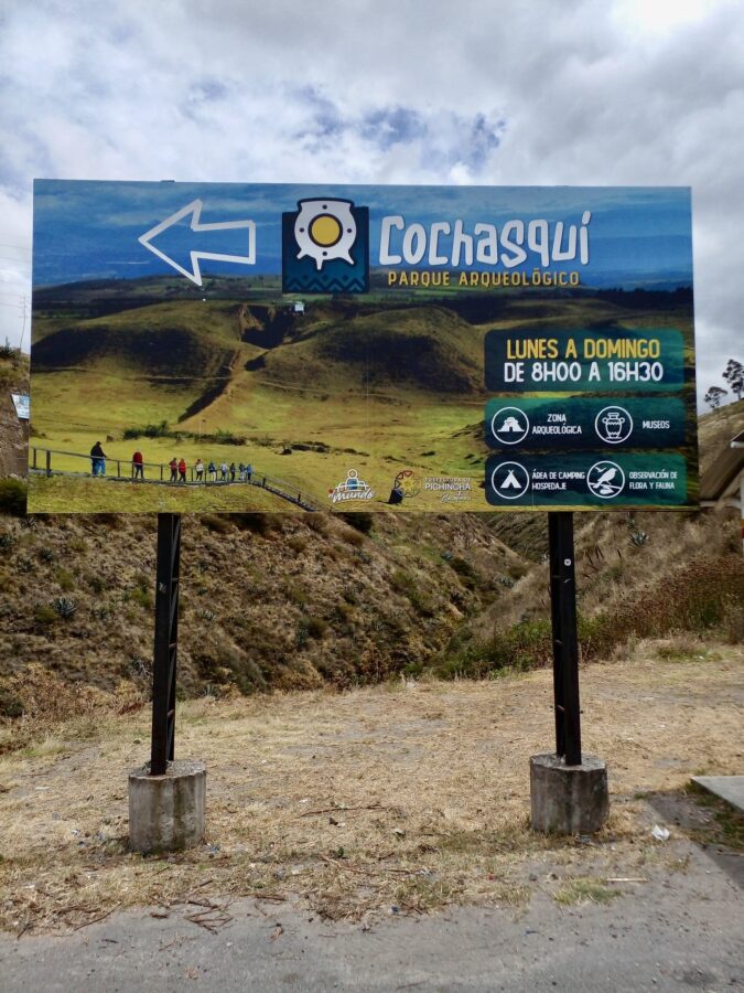 Road sign on the Panamericana to the Cochasqui Archaeological Park, Ecuador