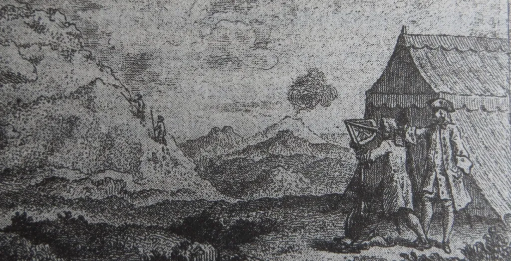18th century illustration of The French geodesic mission "measuring the earth" in the Andes of Ecuador.