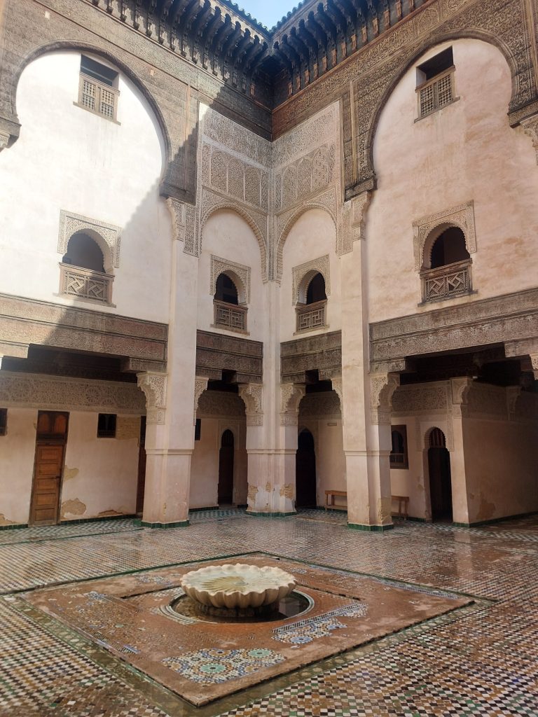 A visit to the interior patio of the Al-Attarine Madrasa, Fes.