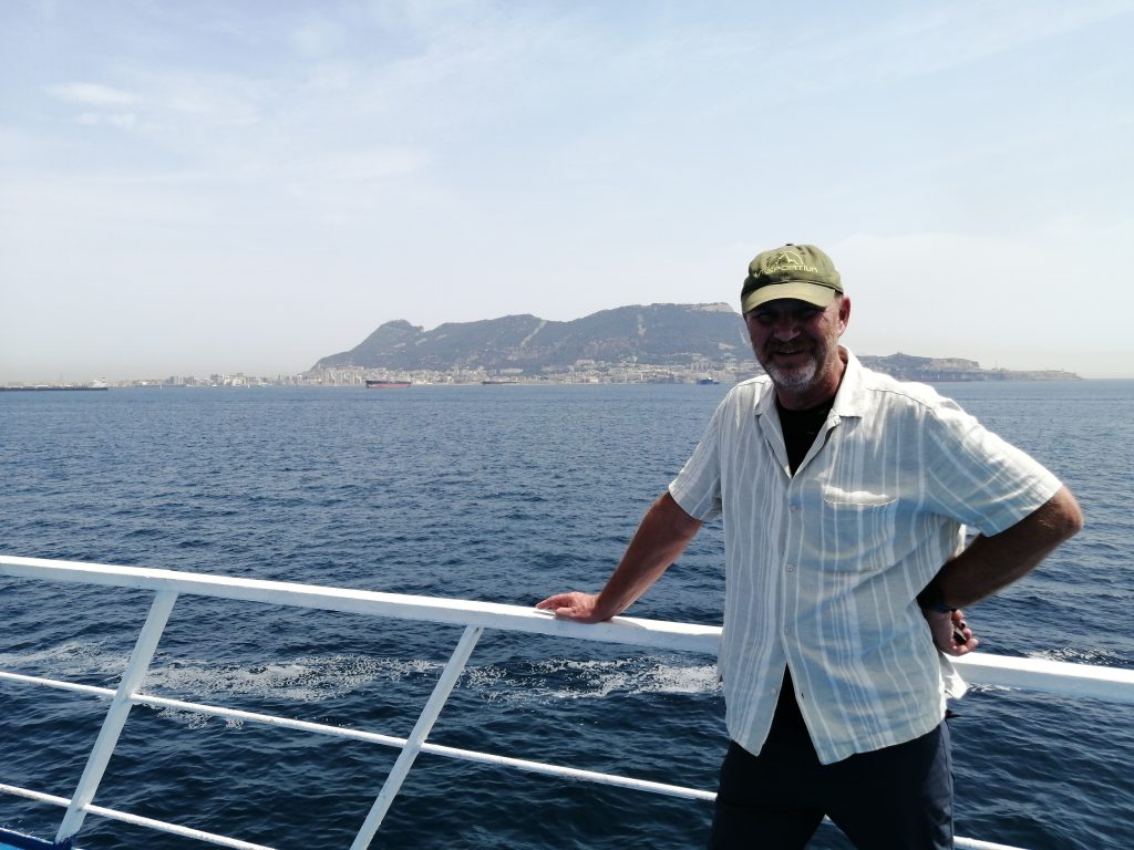 Me on the boat from Port Tangier-Med to Algeciras, Spain. In the background the Rock of Gibraltar.