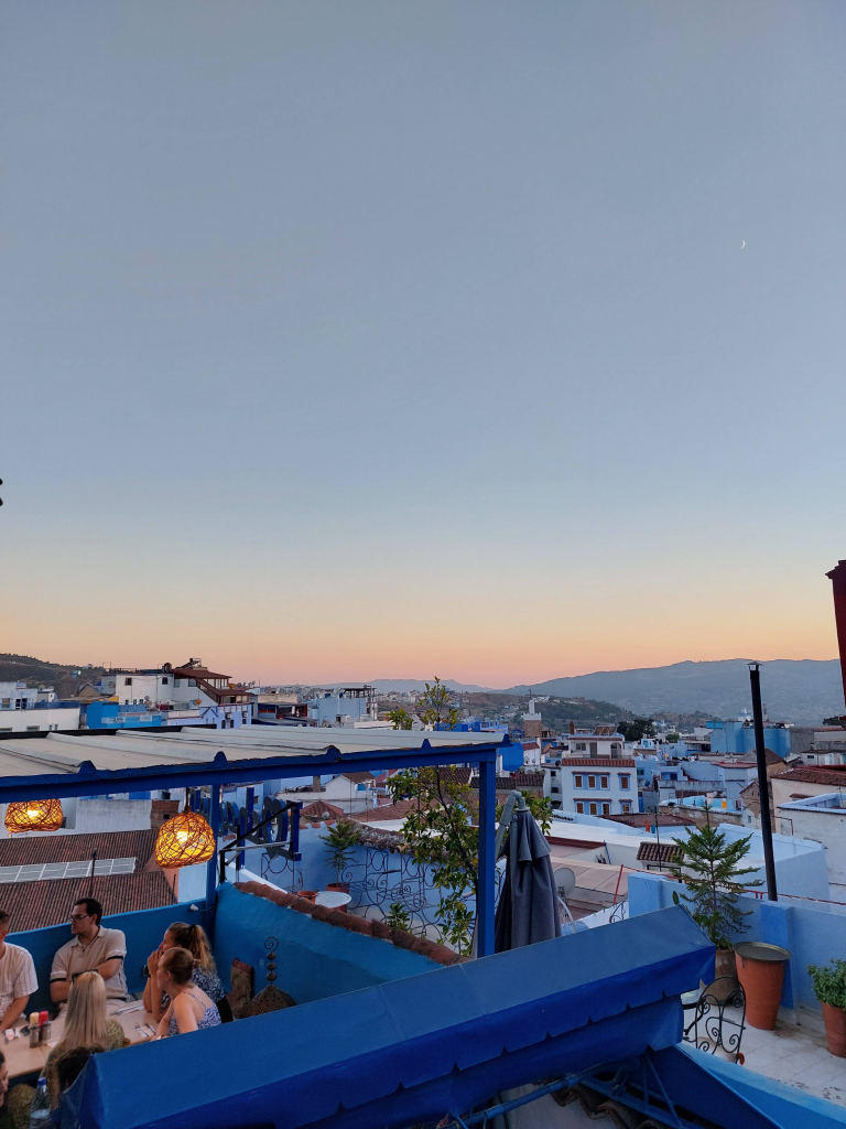 View from the rooftop terrace of Cafe Clock in the medina of Chefchaouen.