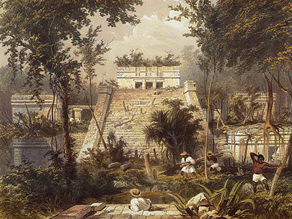 Painting of Frederick Catherwood of the main temple - "The Castle" - of Tulum.  