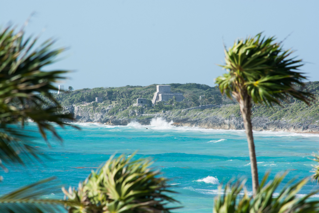 A view of the Maya site of Tulum from the Caleta Tankah.