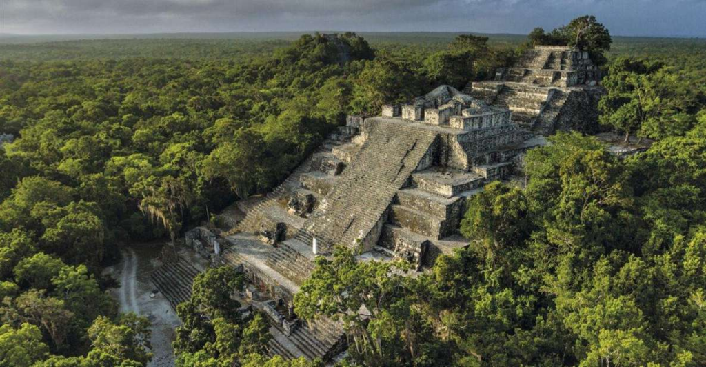 Bird eye view of the major temple of Calakmul, in Campeche, Mexico. It's actually one the biggest temples within the Maya World. 