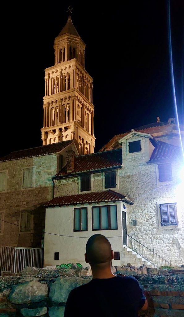 Looking up at the tower of the Saint Domnius cathedral, Split, Croatia.