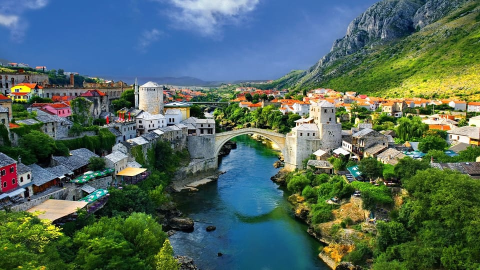 Bird-eye view of the famous 16th-century Old Bridge of Stari Most, landmark of Mostar.