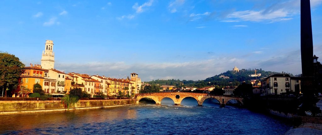 The Adige River, with in the background the San Leonardo Hill & Santuario Nostra Signora di Lourdes.