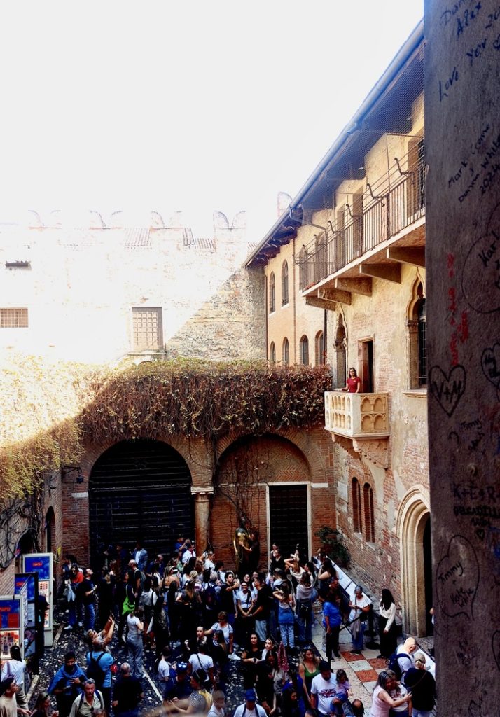 A large crowds gathered underneath Juliet's Balcony in Verona, Italy. 