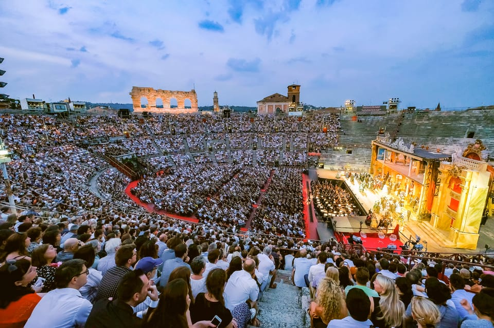 Opera performance at nightfall at the Verona Arena.