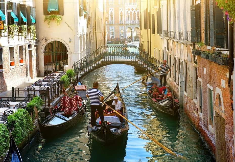 Gondolas on one of the many canals that cross the city center of Venice. 