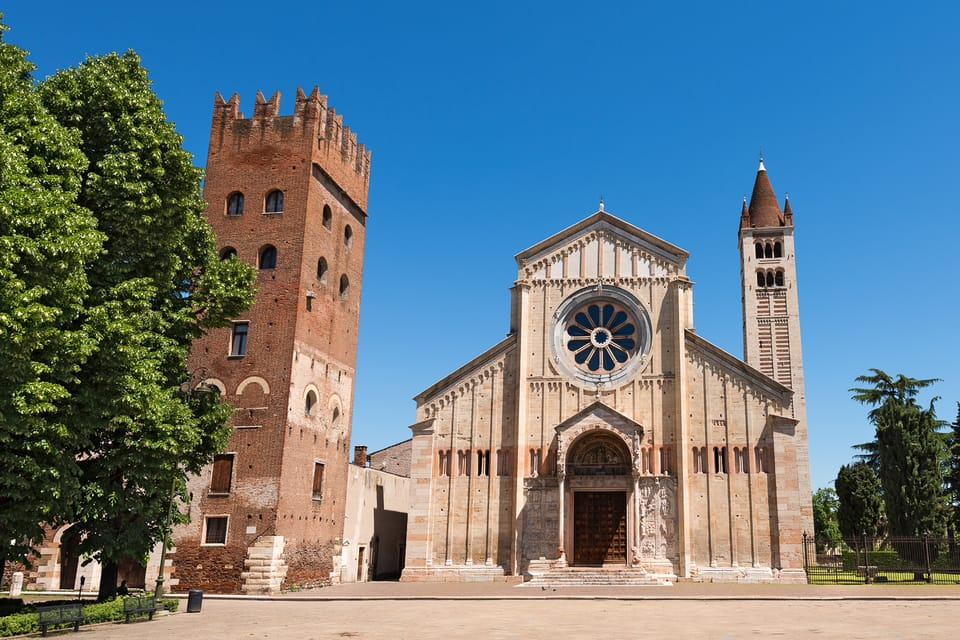 The Basilica di San Zeno Maggiore, Verona . To the left the Torre di San Zeno, belonging to the neighboring Abbey.