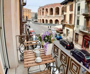 Balcony of one of the rooms of the  Truly Verona hotel. In the backgrpound the Vona Arena.