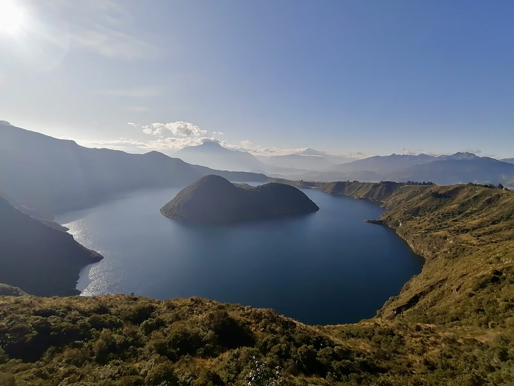 A visit to to the uniquely beautiful Cuicocha Crater Lake near Cotacachi. A bird-eye view of the lake from the western rim.
