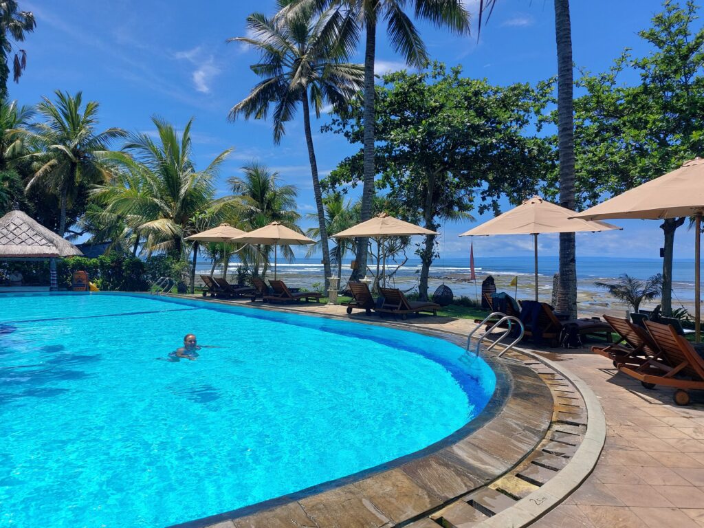 Pool at the Puri Dajuma Beach Resort overlooking the Indian Ocean. 