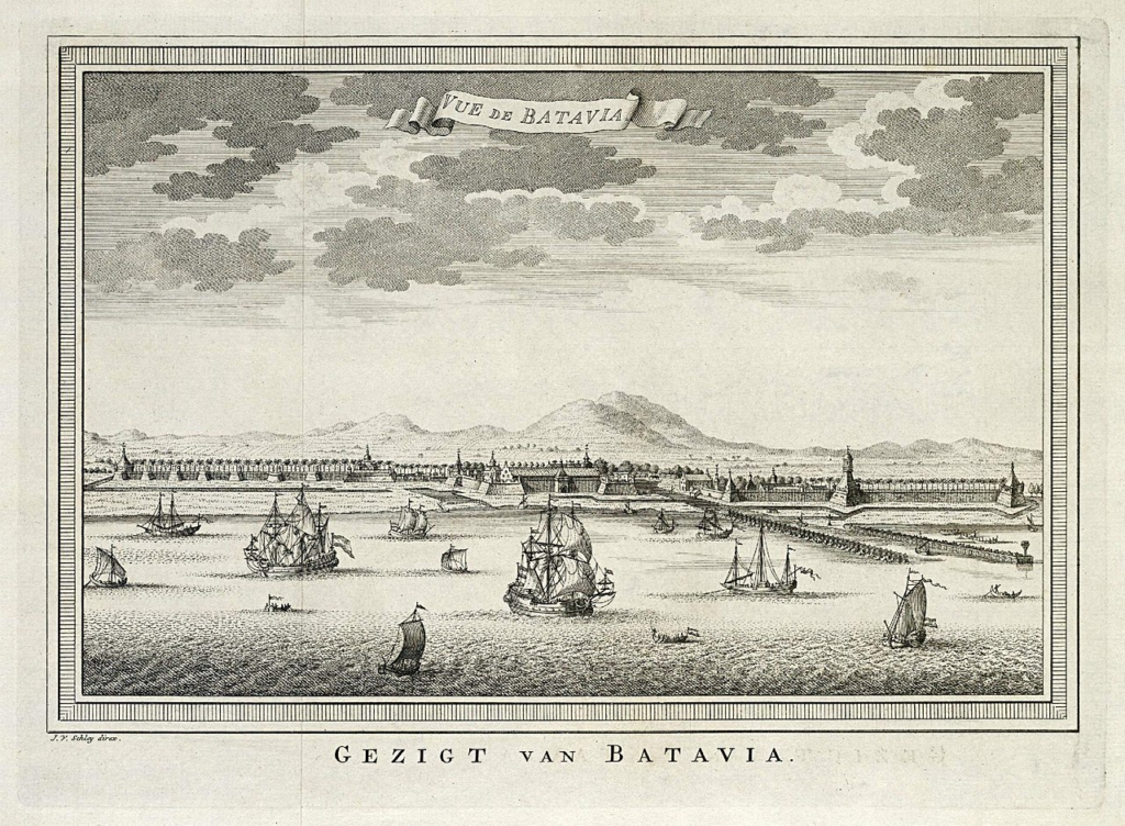 Old print: View of Batavia, harbor & city. 