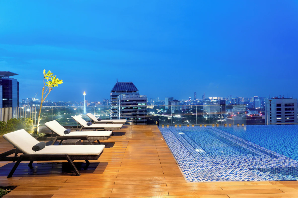 The Ascott Menteng's rooftop swimming pool with spectacular views all around of Central Jakarta
