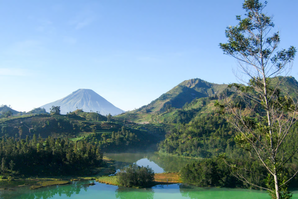 Visit to the Dieng Plateau, with*n spectacular views all around. Like the volcanic lakes in the foreground.